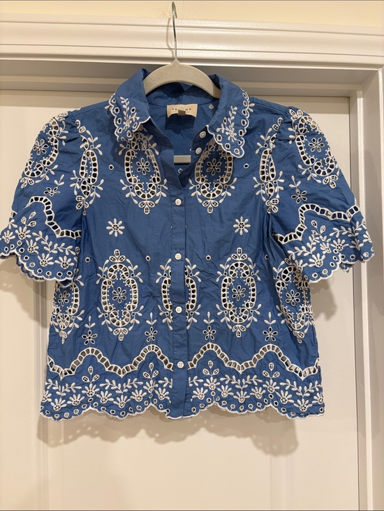 Sezane Tops - Sezane Blue Eyelet Embroidered Short-Sleeve Button-Up Blouse